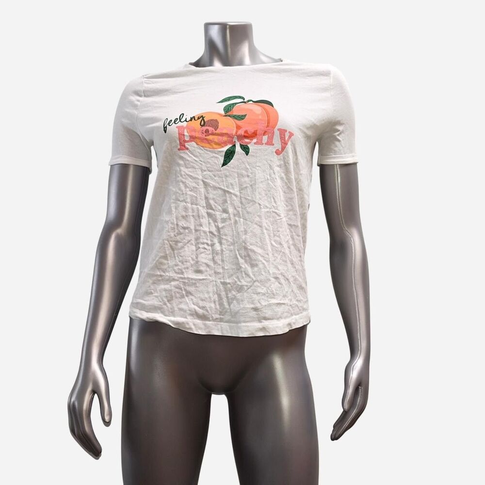 Tu Woman Feeling Peachy Graphic T-Shirt White UK 10 Cotton Crew Neck Tee